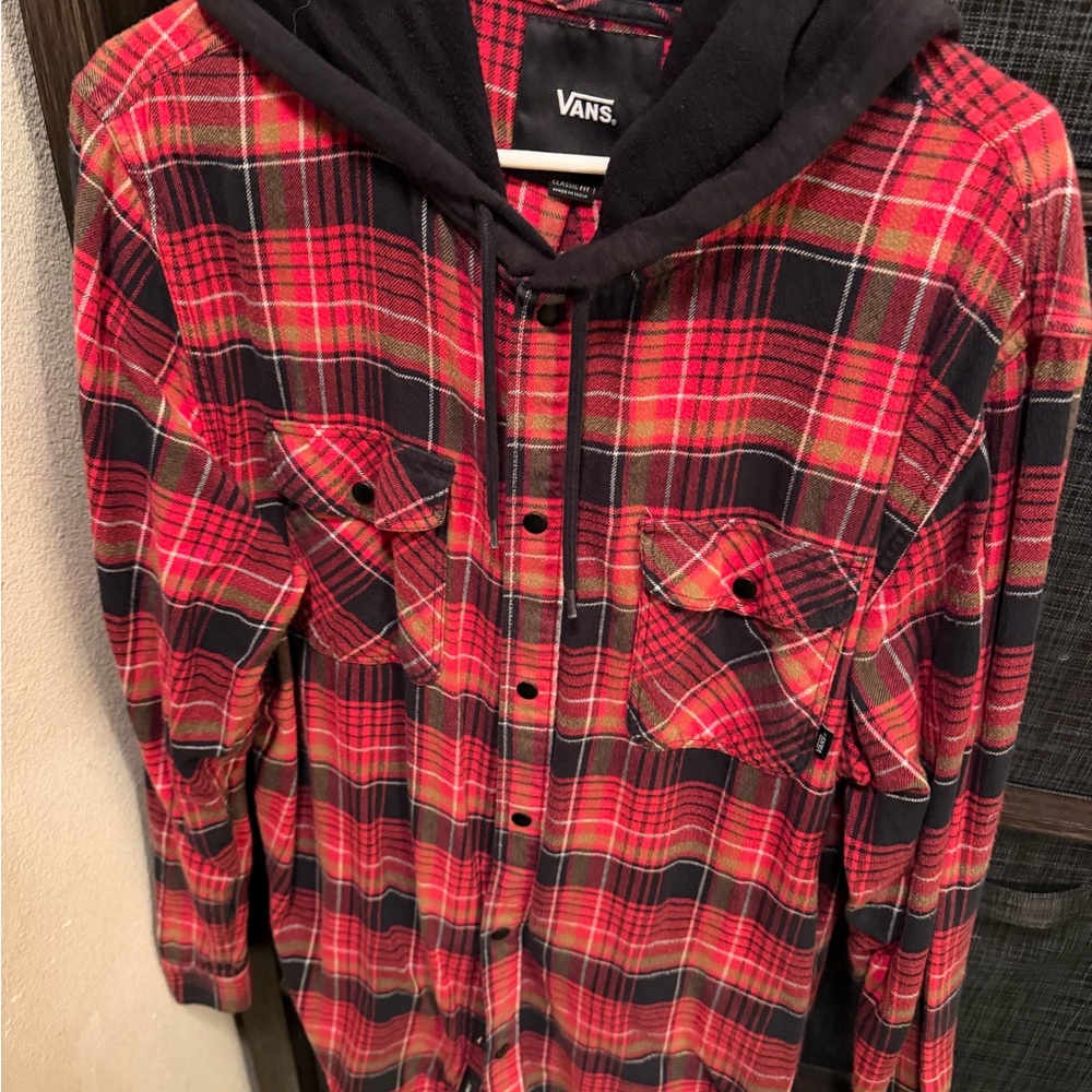 Vans Black and Red Plaid Hooded Flannel
